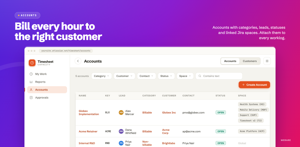 Accounts table showing name, key, lead, category, customer, contact, status and linked Jira spaces. Filter by any column, flag work billable or non-billable, and create accounts inline.
