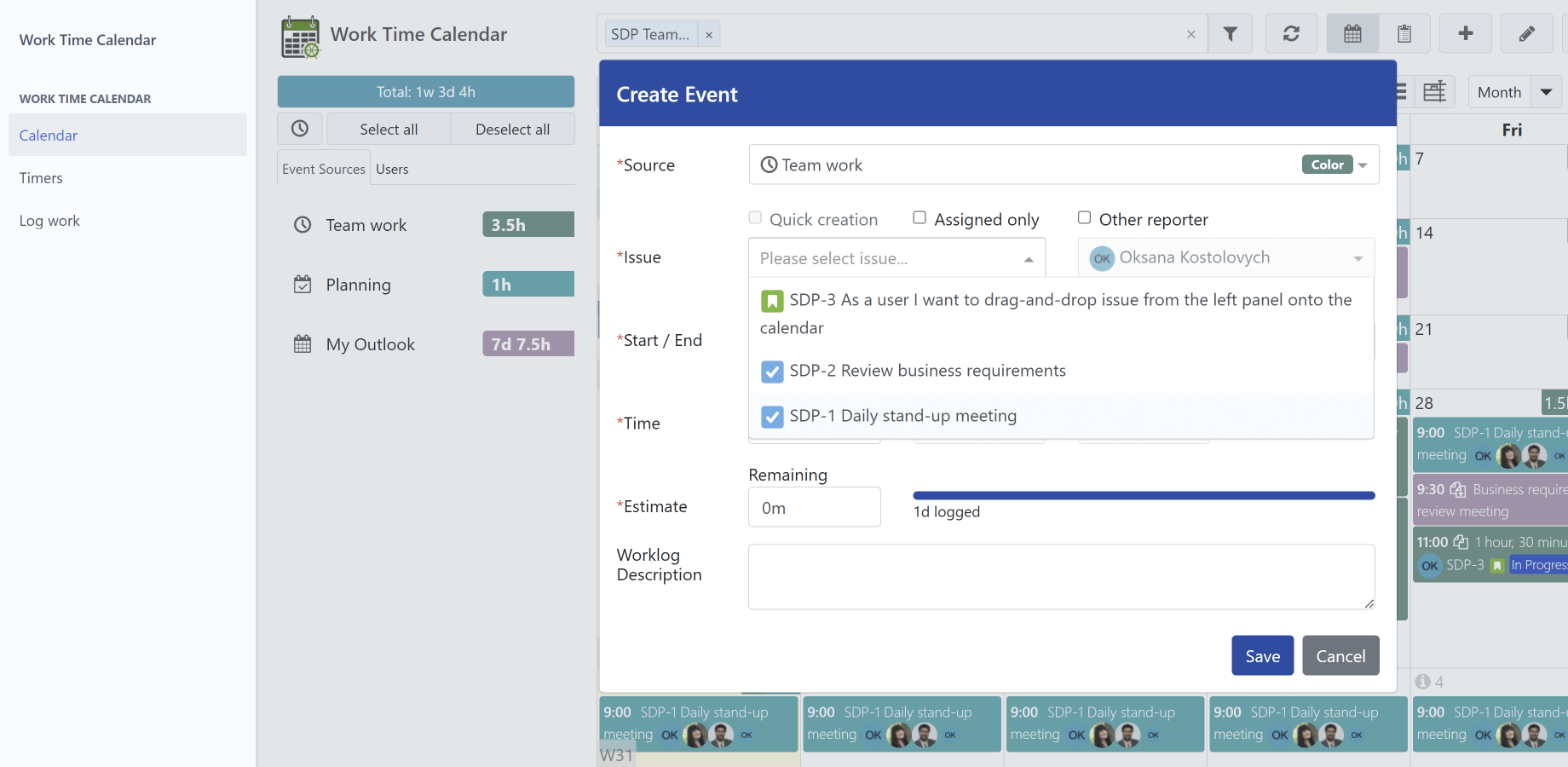 Plan and report your work activities on calendar by simply dragging time boxes.You can move or resize existing time entries. Switch between weekly, monthly or daily views. See you day hours and hours for selected period.