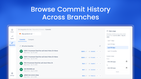 Browse full commit history across every active branch of a repo, filterable by date range, without leaving Jira.