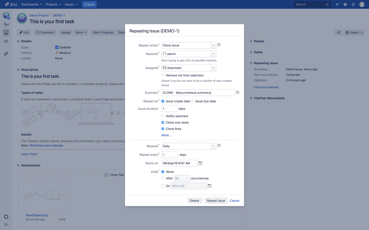 Clone issue, create subtask, workflow automation