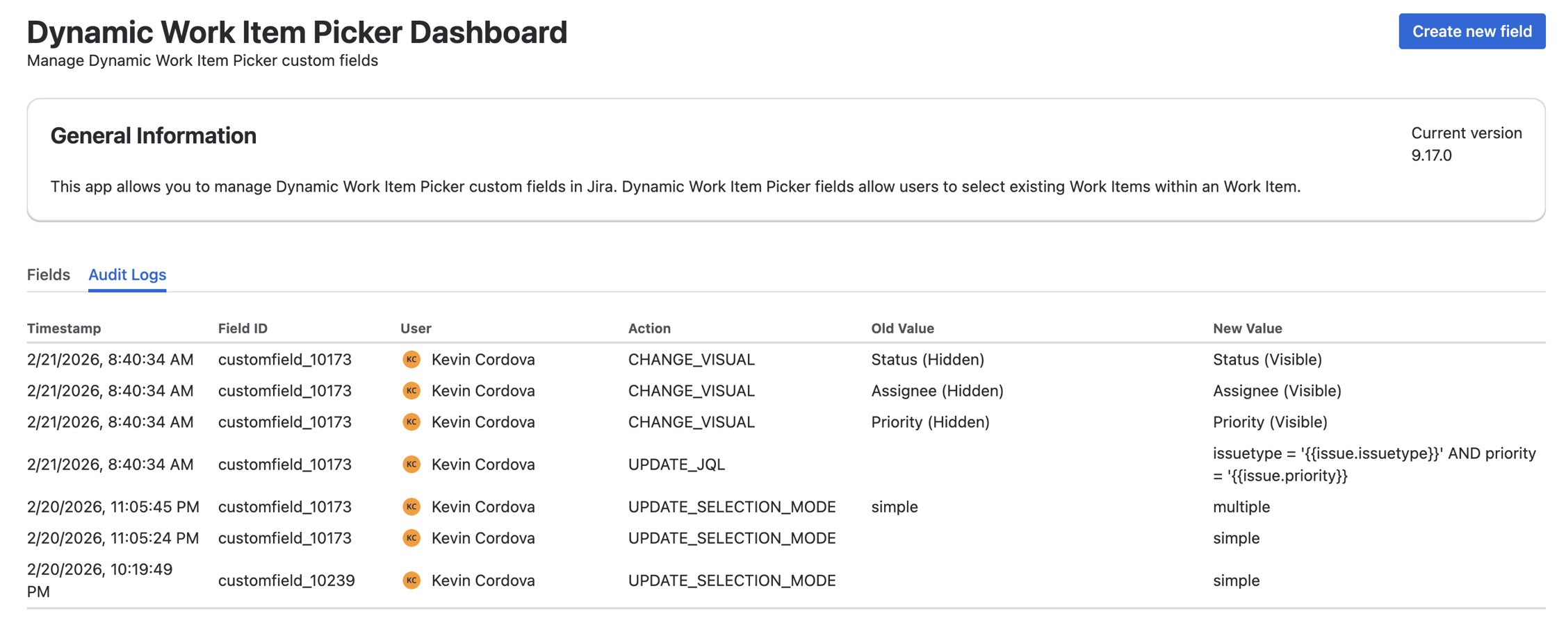 Issue B shows an Incoming Links panel when linked from Issue A. Every field configuration change is logged with user, timestamp, and before/after values