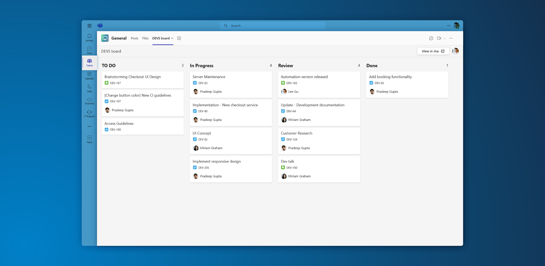 Work with your Jira boards in a Microsoft Teams tab and give non-Jira users access to Jira boards. Even non-Jira users can actively work with the Jira board in Microsoft Teams.