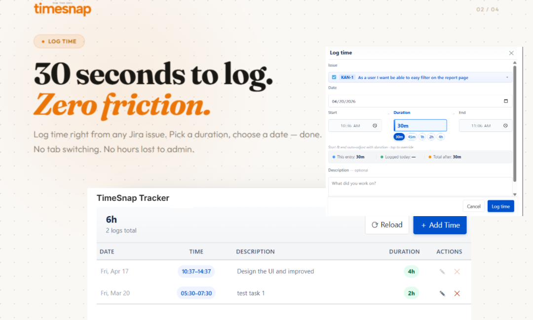Your team is already in Jira all day. Your time tracker should be too. 30 seconds is all it takes with TimeSnap.