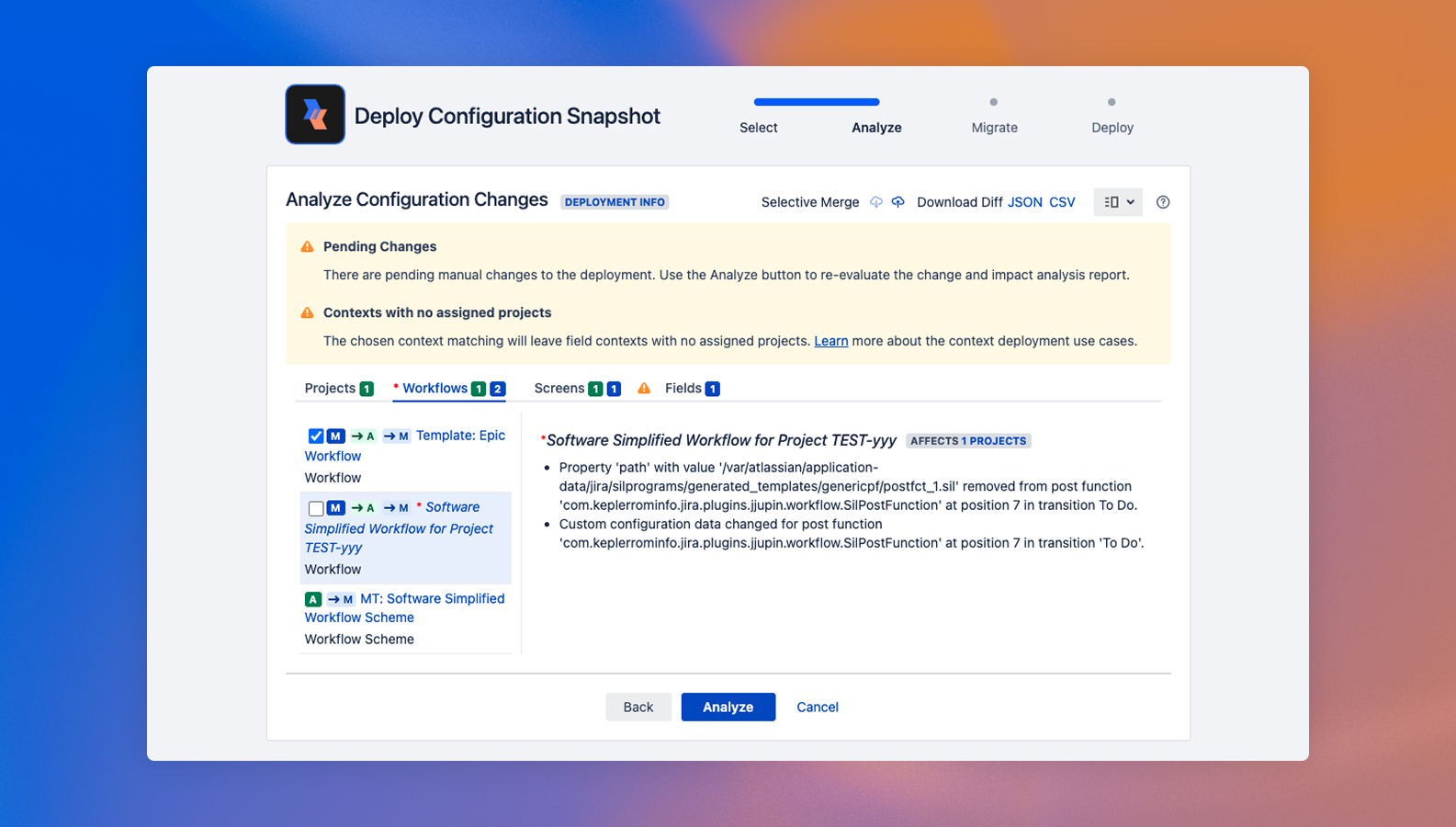 Get full visibility into how a proposed change will impact your Jira DC setup before deploying. Get an itemized configuration change list, click in for more detail, and customize configuration mapping with ease.