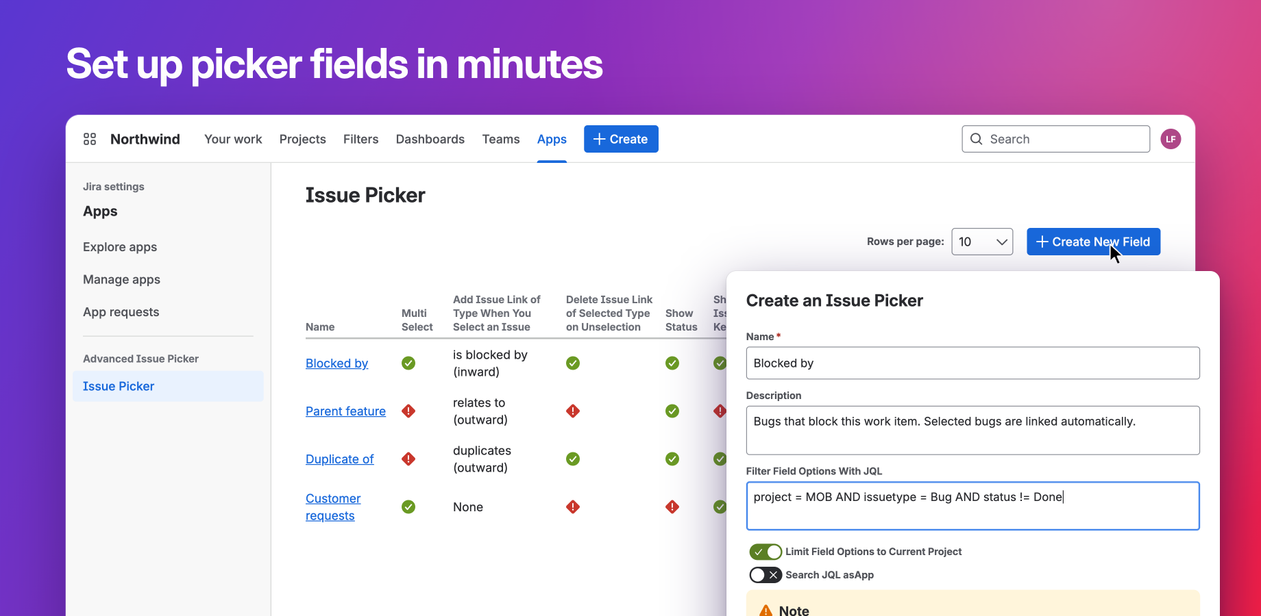 Issue Picker admin page in Jira settings. The field list shows multi-select, link and display settings, and the create form sets up a Blocked by field filtered by JQL to open bugs in project MOB.