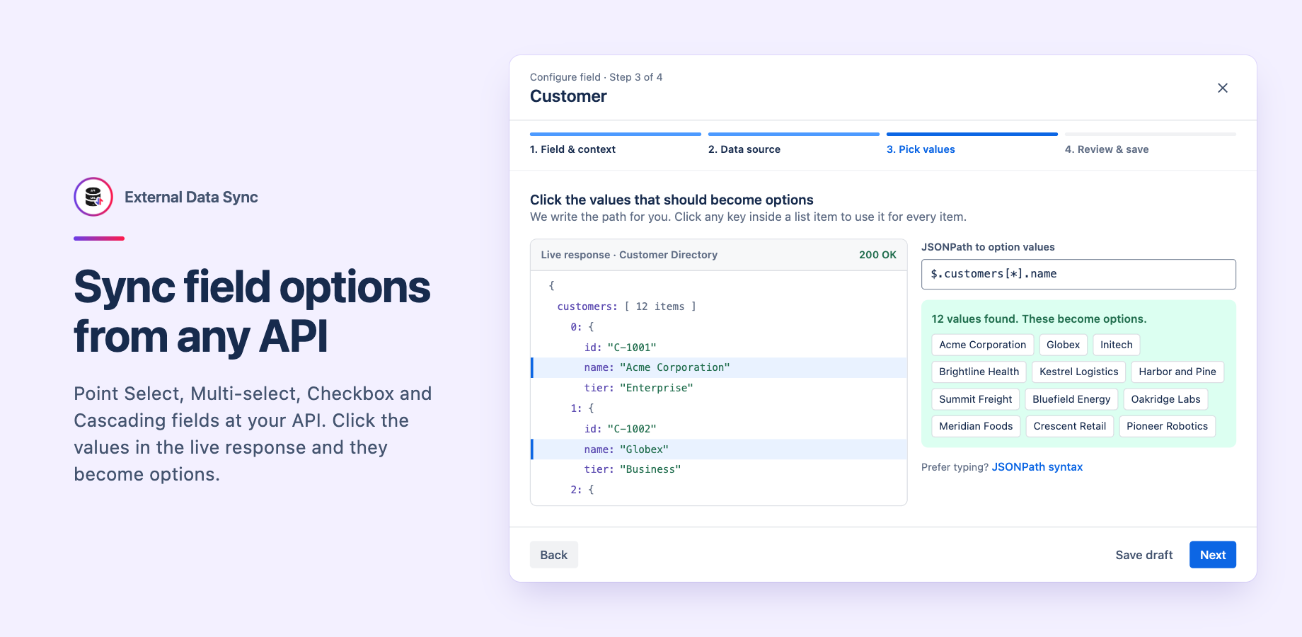 Step 3 of the field setup wizard: clicking a name in the live JSON response fills in the JSONPath and previews the 12 customer names that will become options in the Jira Customer select field.