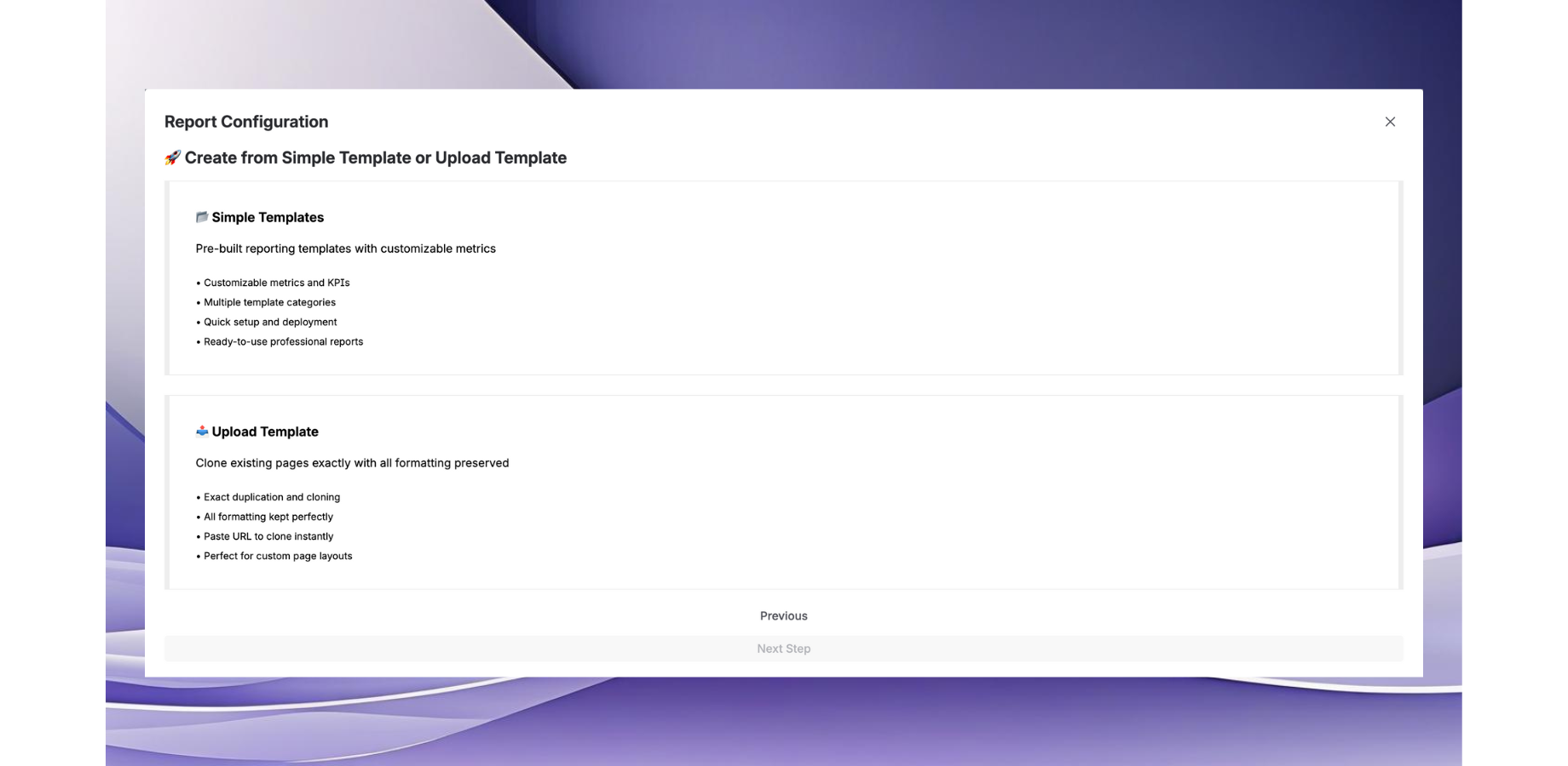 Template selection interface displaying pre-built templates and upload options, with real-time preview and customization editor for creating professional report layouts.