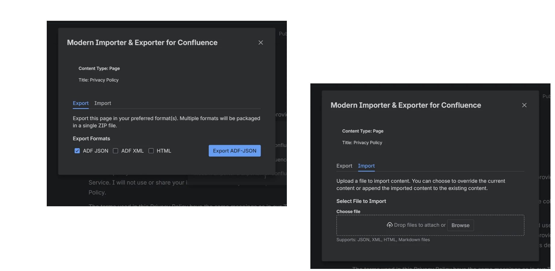 Content action to import/export for one page