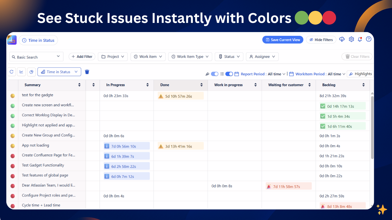 Color-coded visibility for every Jira workflow.
Goal: immediate “wow” visual — a screenshot of your board or list view showing the colored statuses.