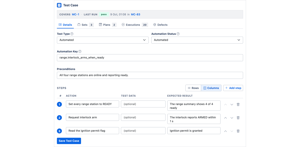 The app also lives on the work item. A Test Case shows what it covers, how it last ran, the sets and plans it belongs to, its defects, and the step editor for action, data and expected result.