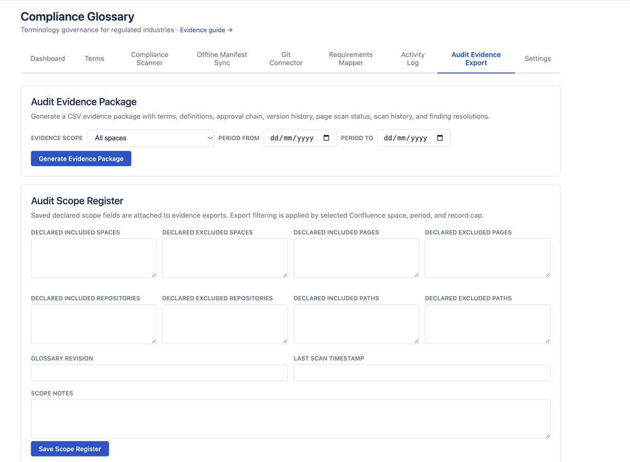 Confluence Audit Evidence export turns glossary activity into structured evidence: definitions, changes, approvals, and review history in one downloadable file.