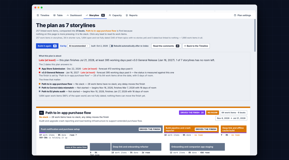 Storyline: a plan of 1,990 work items told as 7 named chains of work, with the one that drives the finish date first.