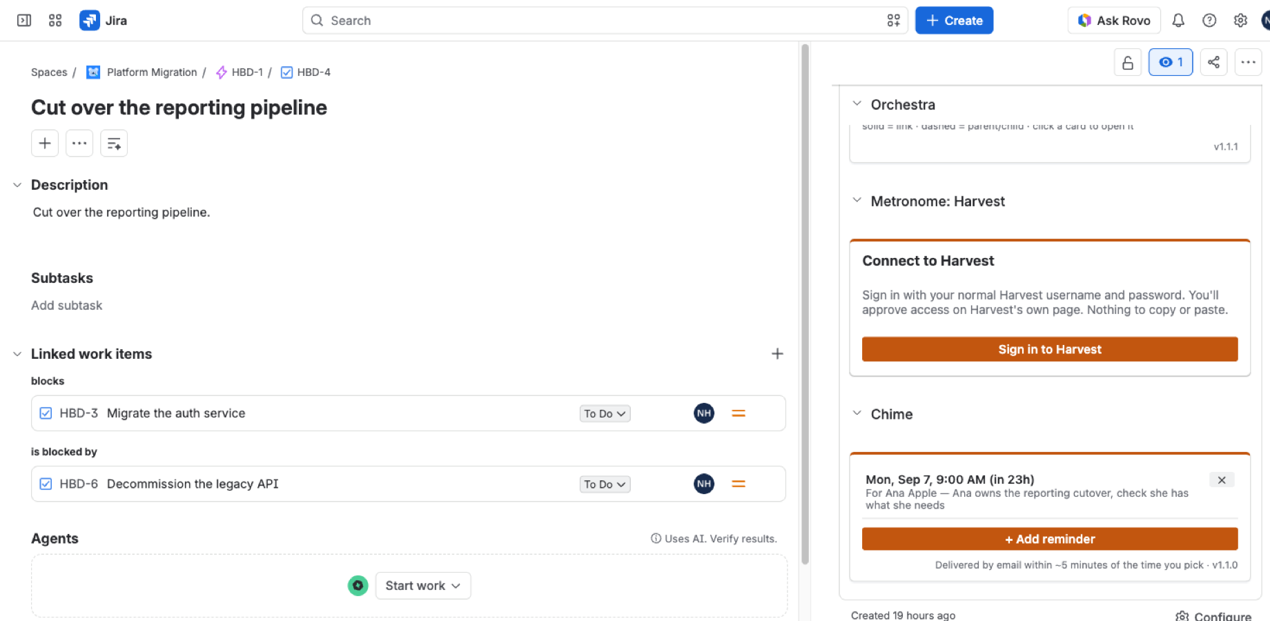 A work item Reminders panel with a scheduled reminder, its note, and the quick pick buttons