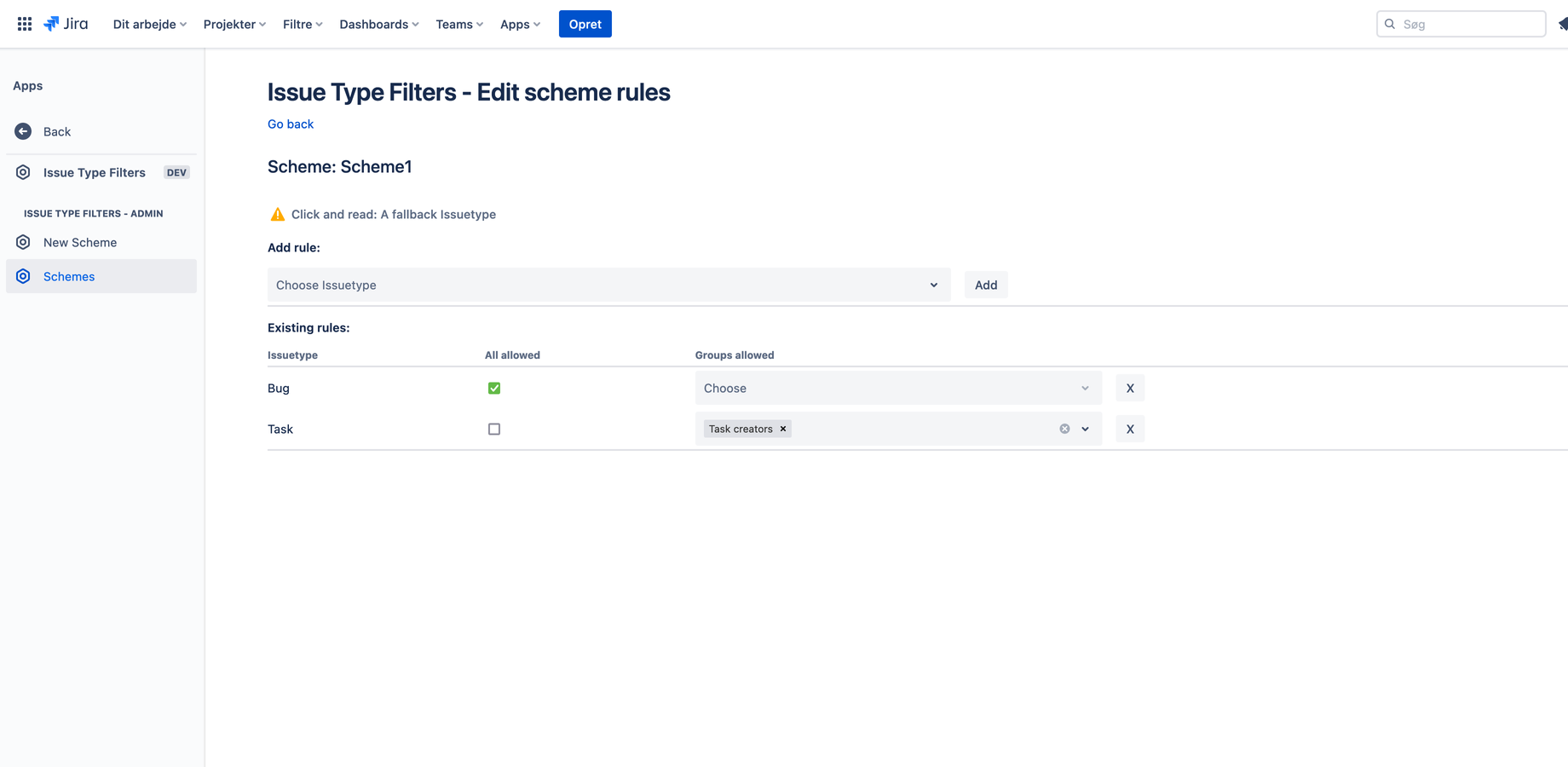 In the Schemes section, click Edit rules to edit rules. Add an issue type, then select "Allow all", or use groups to limit who can create the issue type.