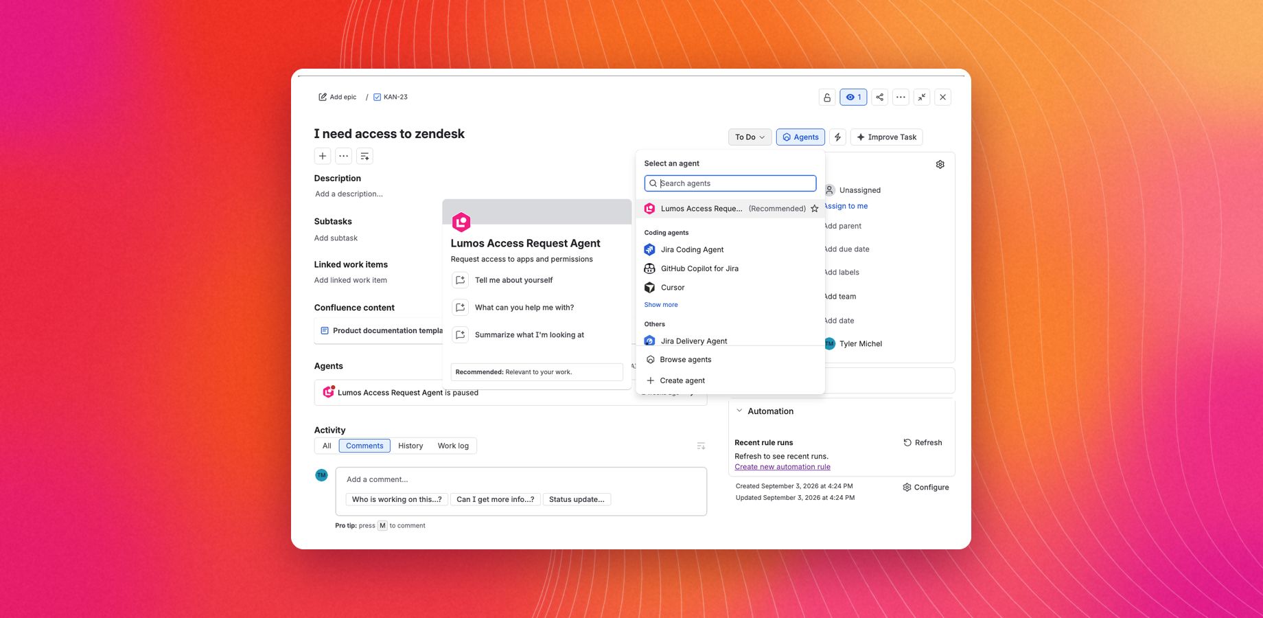 The Lumos Agent selected in the assignee dropdown of a Jira Service Management ticket requesting Salesforce access.