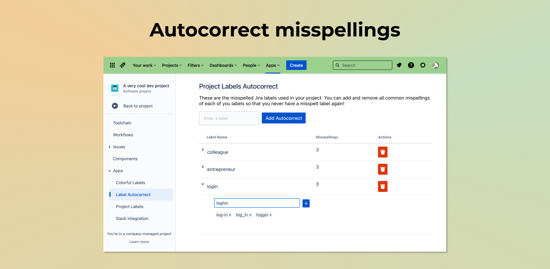 Automatically correct commonly misspelled labels