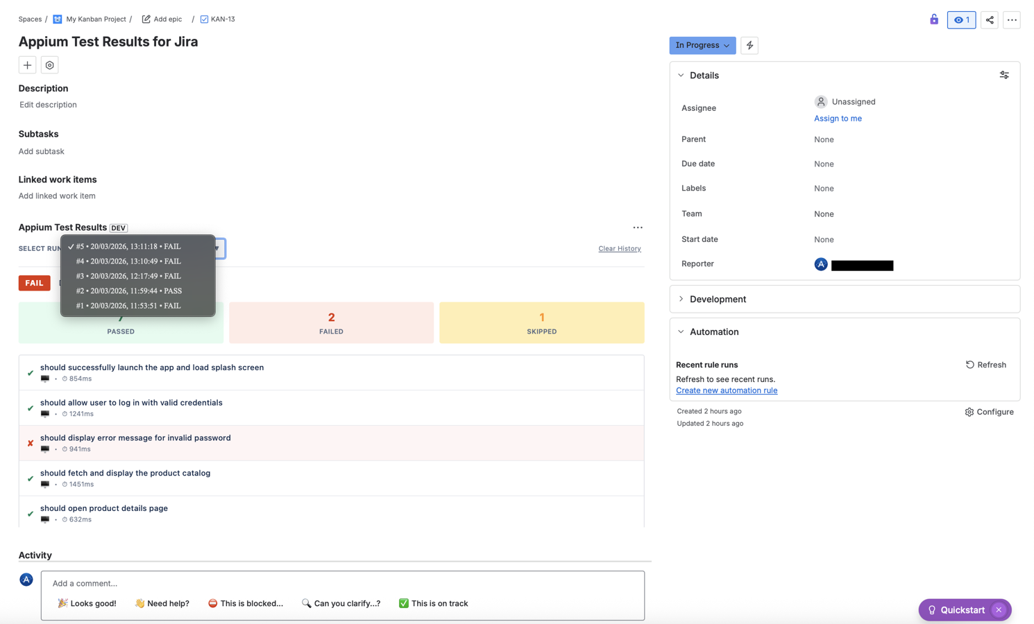 Navigate through the last 5 Appium test runs to track historical pass/fail trends and identify flaky mobile tests.