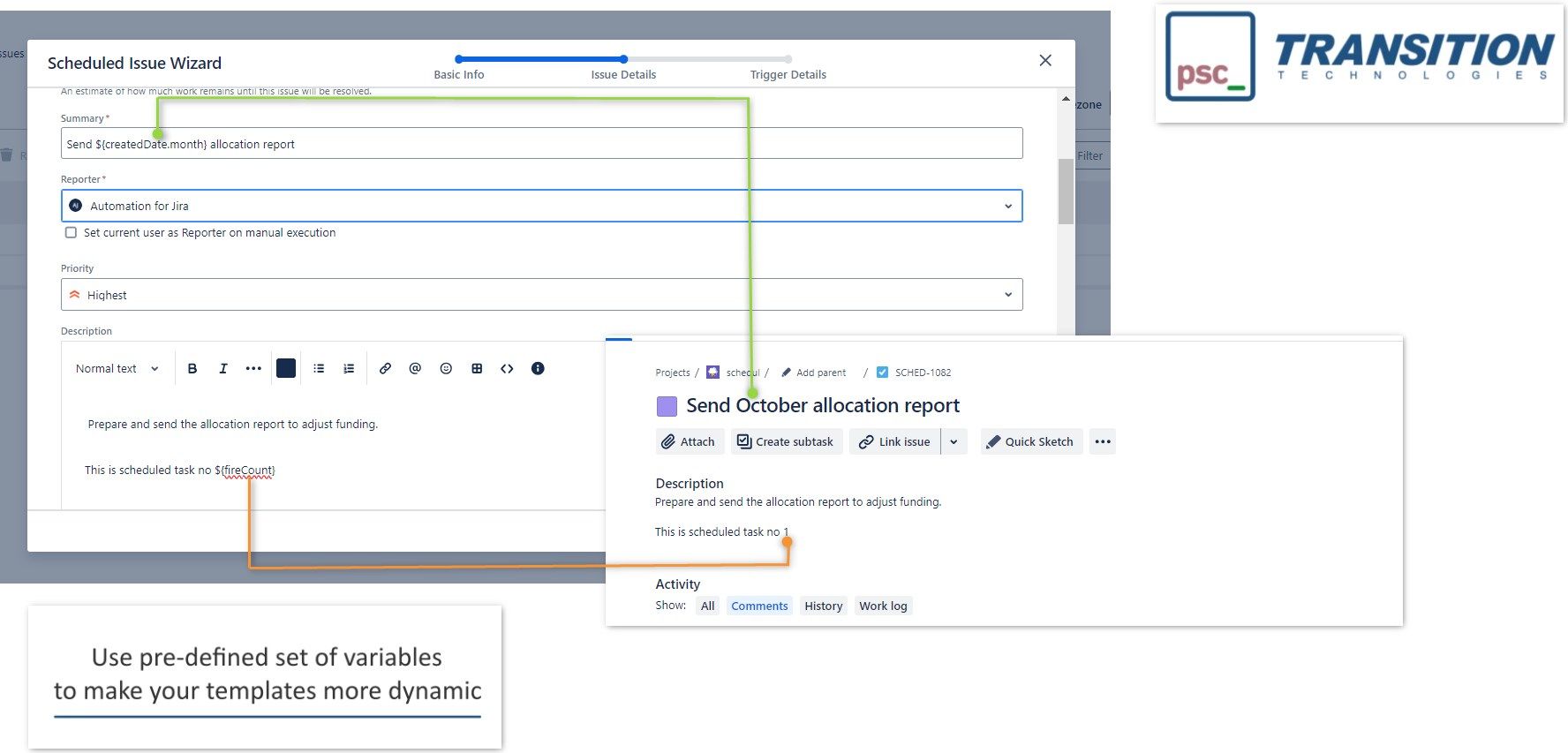 Make created issue summary and/or description more meaningful with variable support.