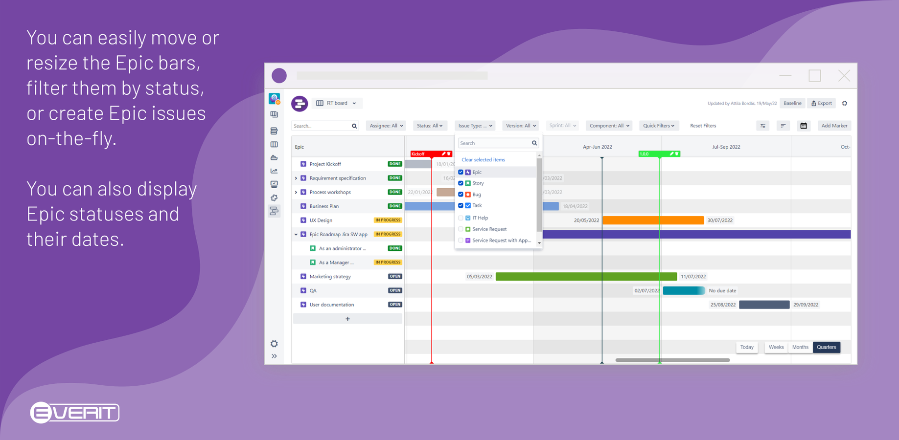 You can easily move or resize the Issue bars to schedule when the work will begin/end. Filter and display them by status, assignee, etc. You can also display information about Issues like status, priority or assignee.