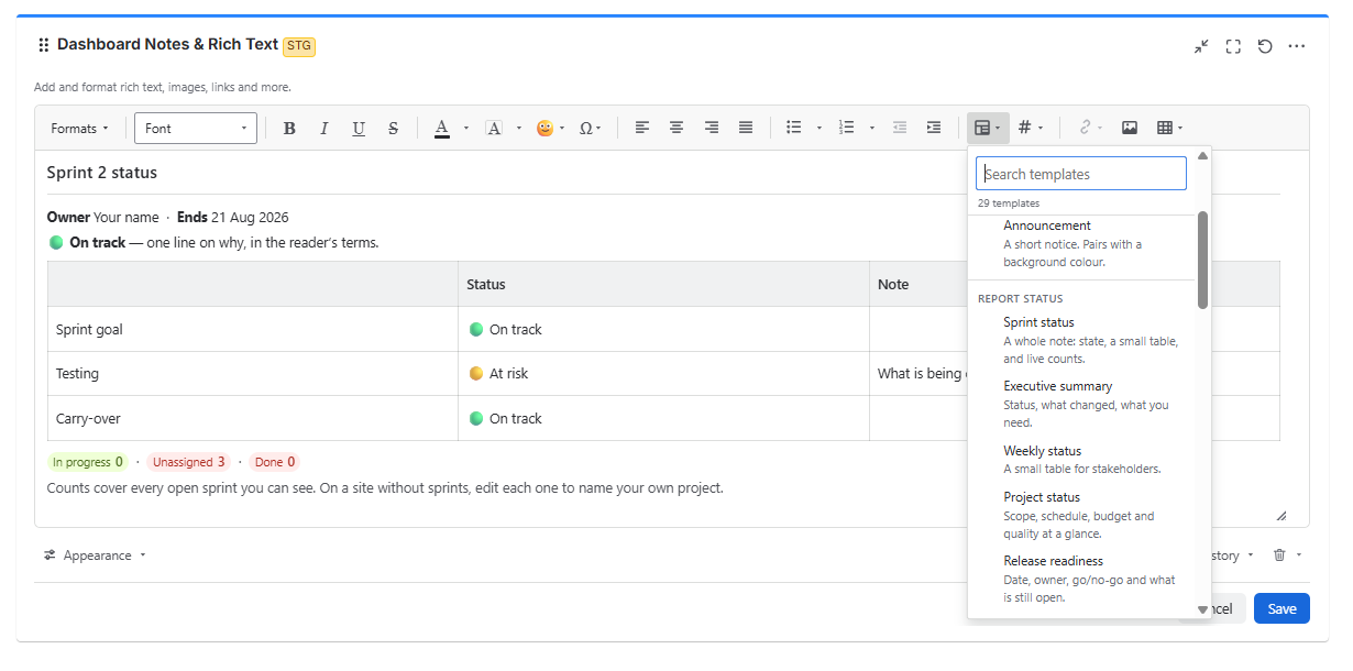 The template list with search open beside a finished dashboard header. Templates insert at the cursor, so one gadget can hold several, and any live counts inside a template resolve the moment it lands.