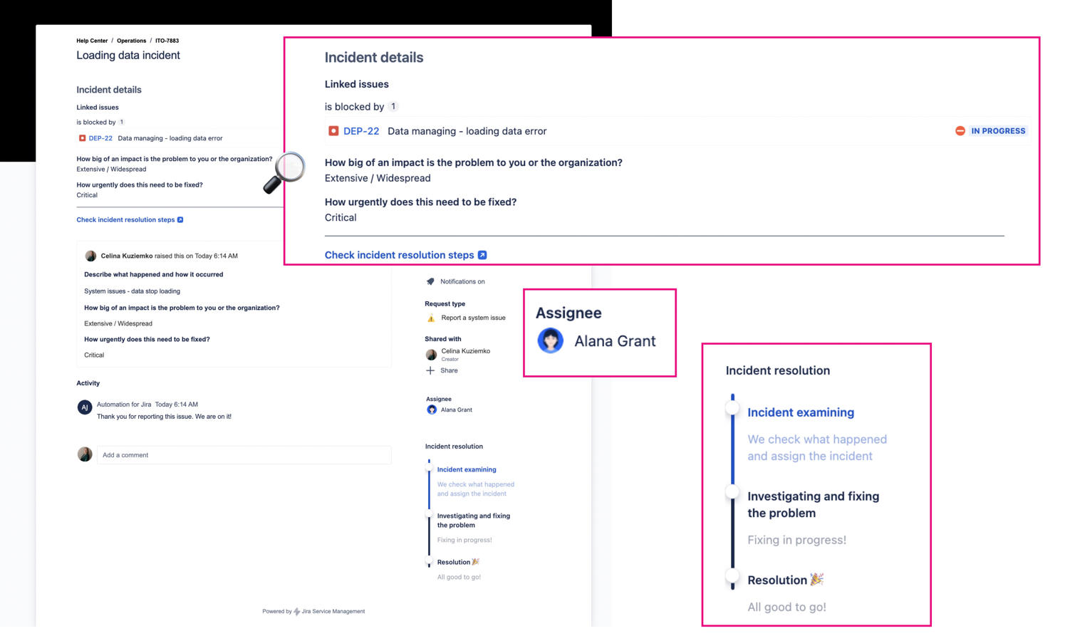 Customize Jira service desk portal and decide what extra data you display. Eliminate spare questions thanks to additional field values on the request details view, and create one source of truth.