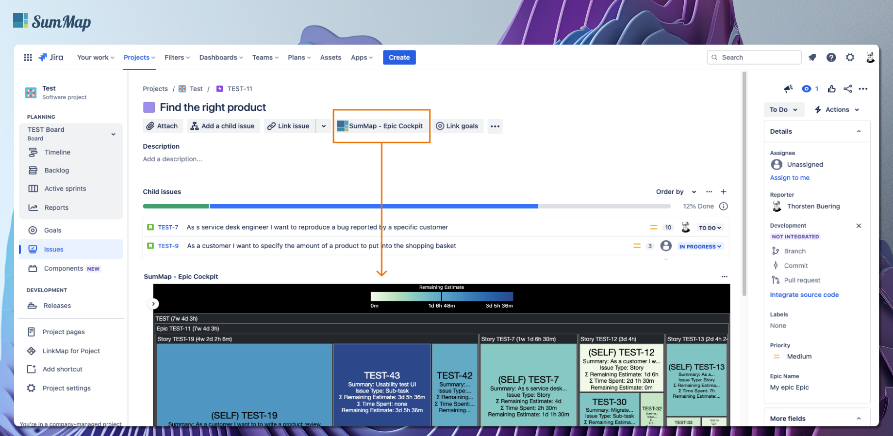 In an epic view, click the SumMap button to show the embedded SumMap panel. Store and re-use SumMap configurations on all epics at a project level.