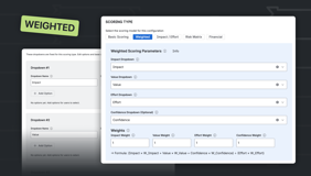 Build weighted scoring models using Impact, Value, Effort, and Confidence. Customize weights and formulas to reflect your team’s real decision-making logic.