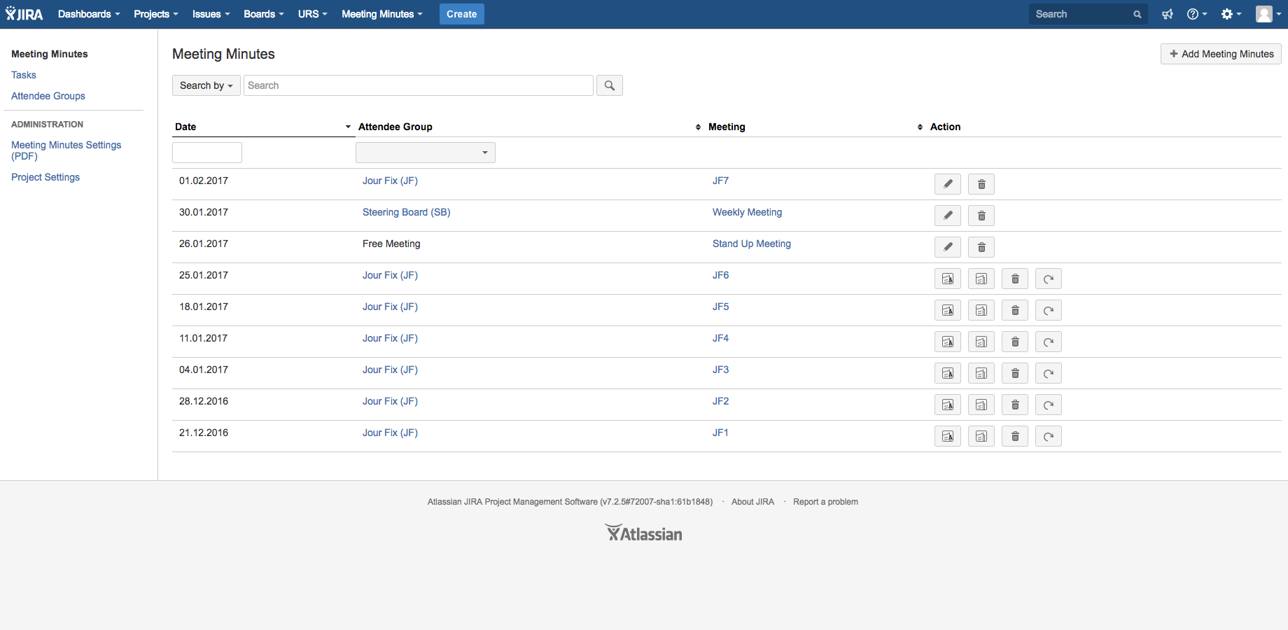Here you get an overview of all meetings you took or will take part in any way. You may filter them by various criteria like date, attendee group, location or keeper of the minutes and view, edit or delete them.