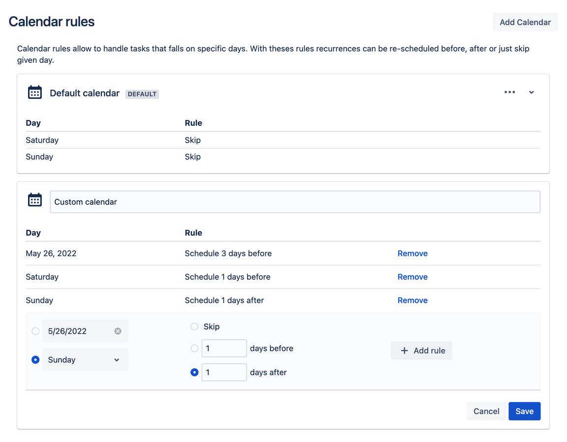 Non-working days support in recurring actions