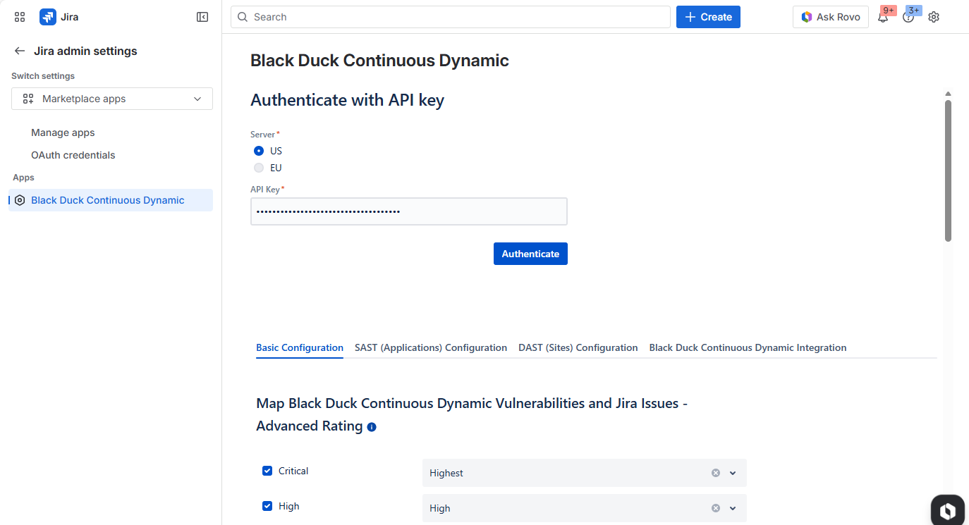 This shows a snap shot of the customizations available in this administration area which focuses on the various asset settings from Black Duck Continuous Dynamic as they relate to the Jira® environment.