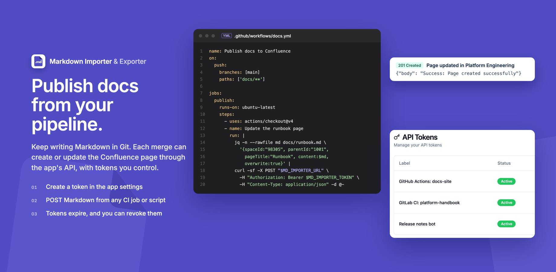 A GitHub Actions step updating a page through the app's API