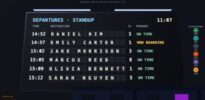 Departures: the split-flap board flips through the team; whoever is NOW BOARDING speaks next.