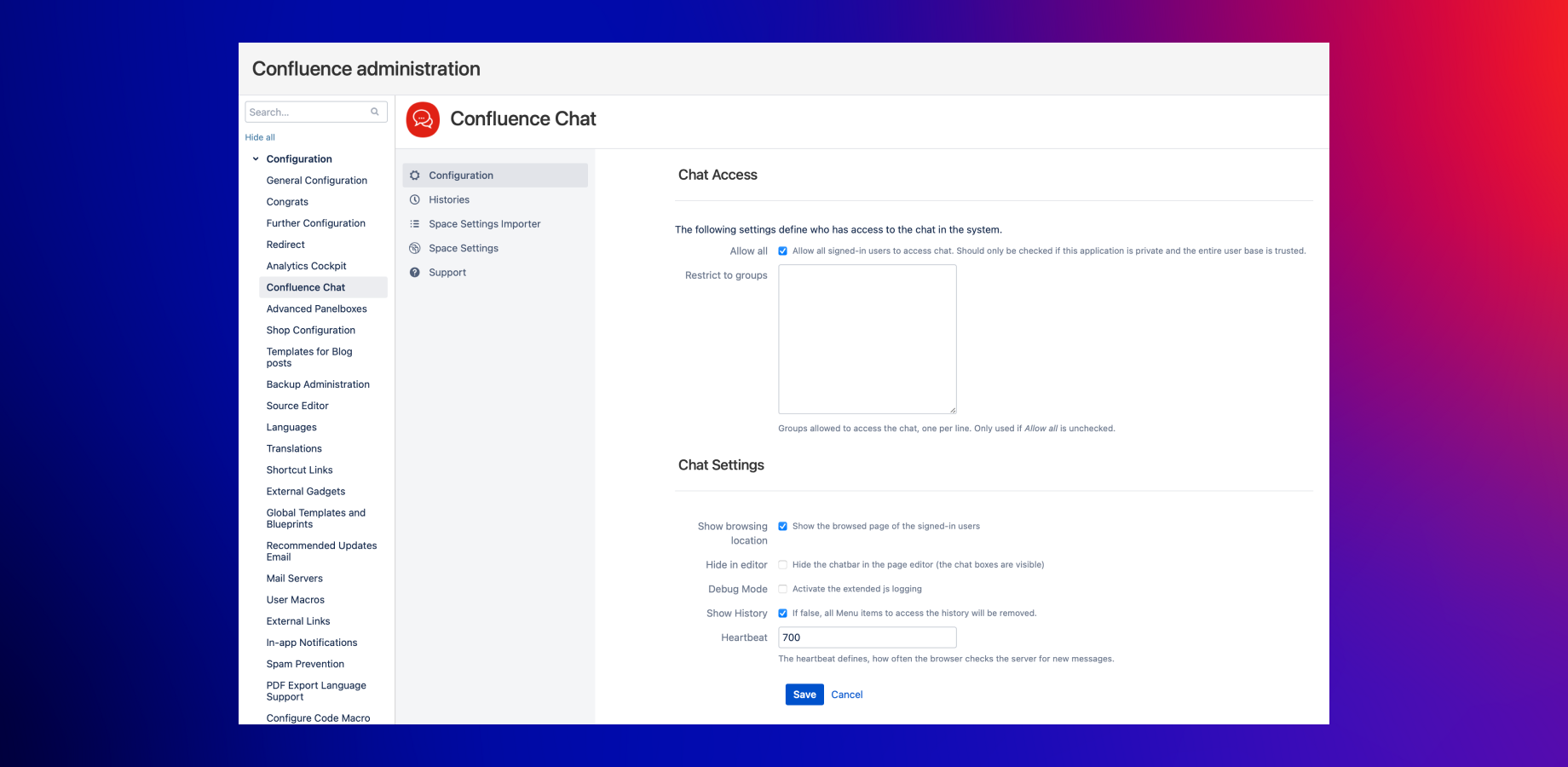 Define which user is authorised to chat in which space or if the chat should be enabled globally.