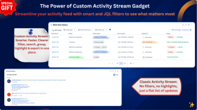 Custom Activity Stream for Jira showing smart filters, JQL search, highlights, grouping, and exports. Powerful, filterable stream that shows only the updates that matter to your team.