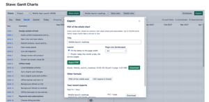 Export to PDF (fit to width or poster, A3, A4, Letter or Tabloid), PNG or CSV. Large exports run in the background and wait for you to download.