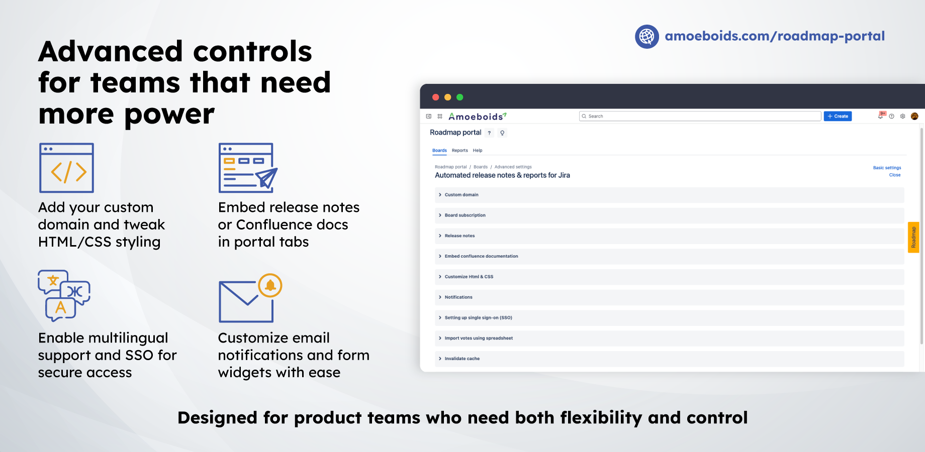 Go beyond basics with advanced features - Google Analytics integration, embedded docs, multilingual support, SSO, styling overrides, and notification customisation from a clean UI.