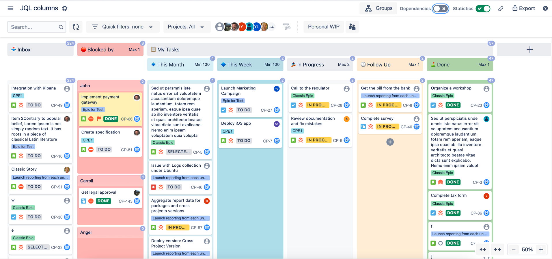 One of the possible implementations of GTD board segmented into inbox, blockers and my tasks sliced into this month, this week, in progress, follow up and done. Intensive use of custom JQLs for columns configuration.