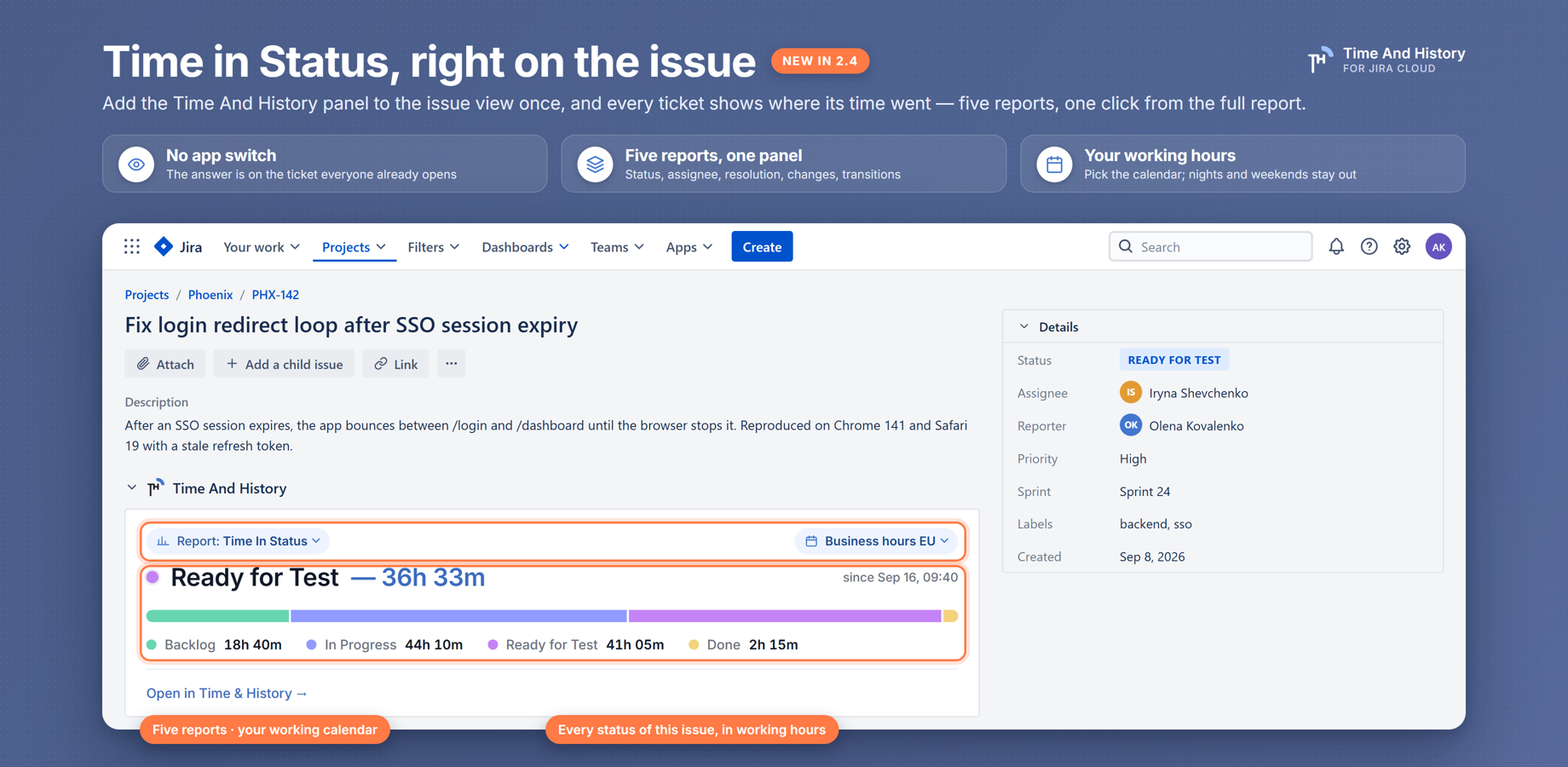 Add the Time And History panel to the issue view and every ticket shows its time per status, per assignee, to resolution and per field change, plus its transition count — in working hours, one click from the full report.