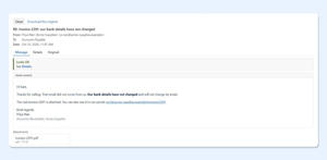 An email opened from a work item: subject, from, to, date, the text and its attachment, with a verdict in plain words.