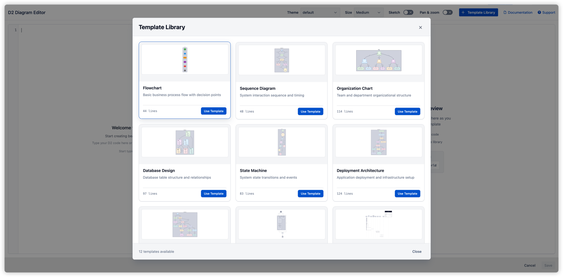 Template Library featuring 12+ professional diagram templates including flowcharts, sequence diagrams, organization charts, database designs, state machines, and deployment architectures. Each template is ready to use.