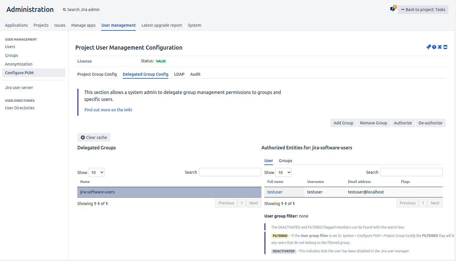 Here, the testuser has been granted control over the membership of jira-software-users