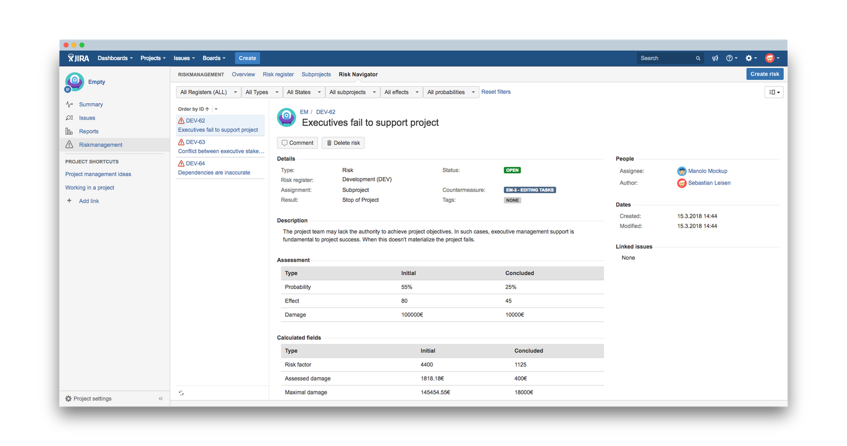 Risk navigator view in Jira