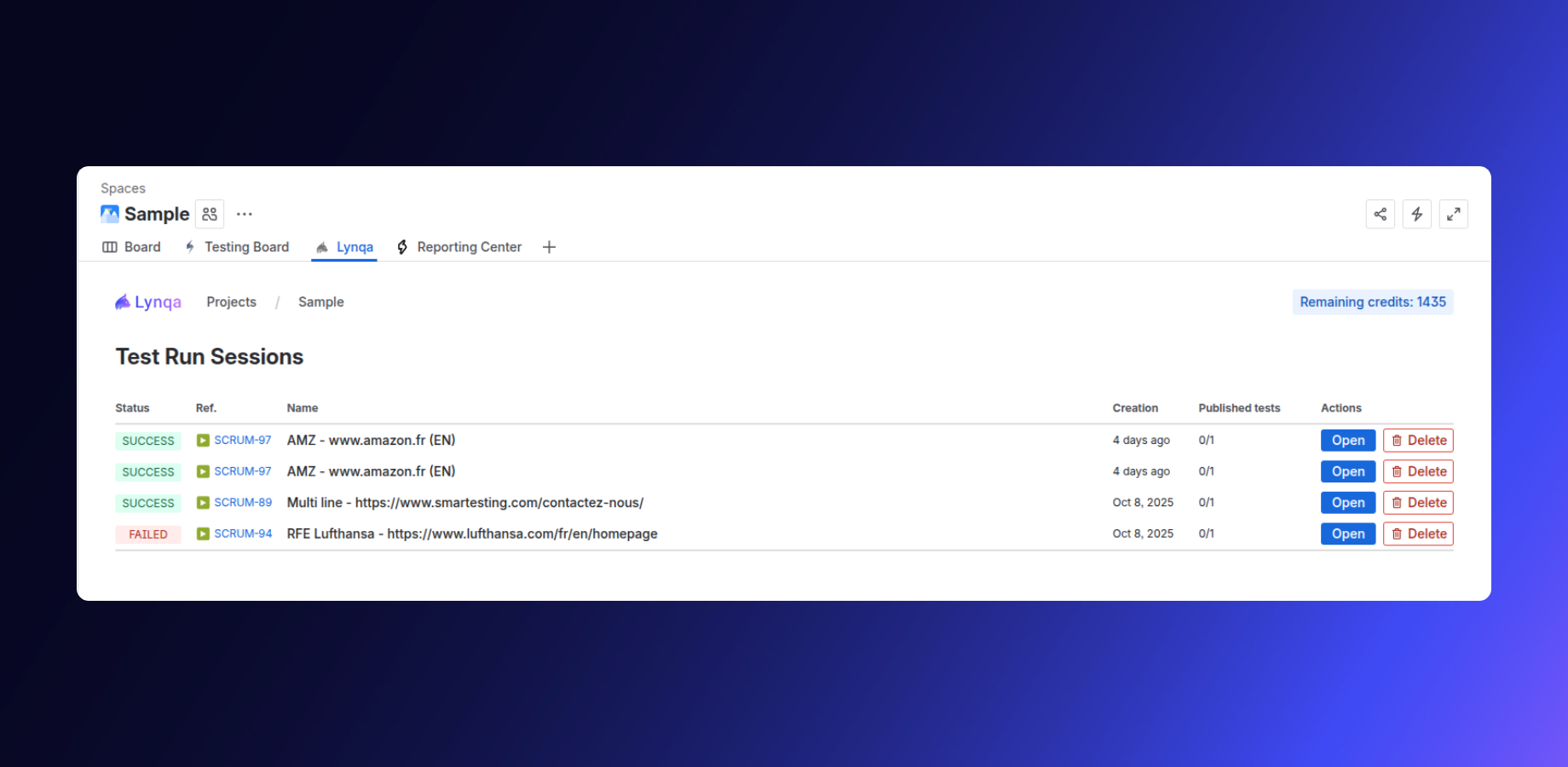 Monitor all test sessions in one place. Check success, failure, and execution history with direct access to detailed reports.