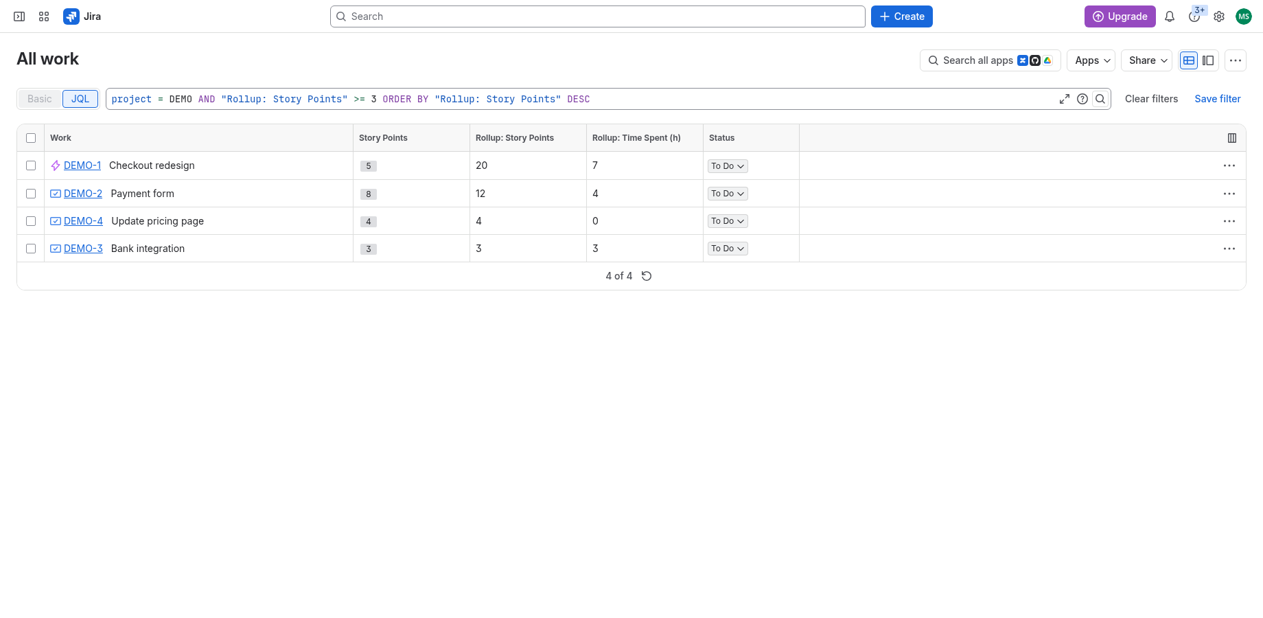 Jira issue search filtering on a rollup field: "Rollup: Story Points" >= 3, sorted by it, with the rollup columns shown next to the built-in Story Points field.