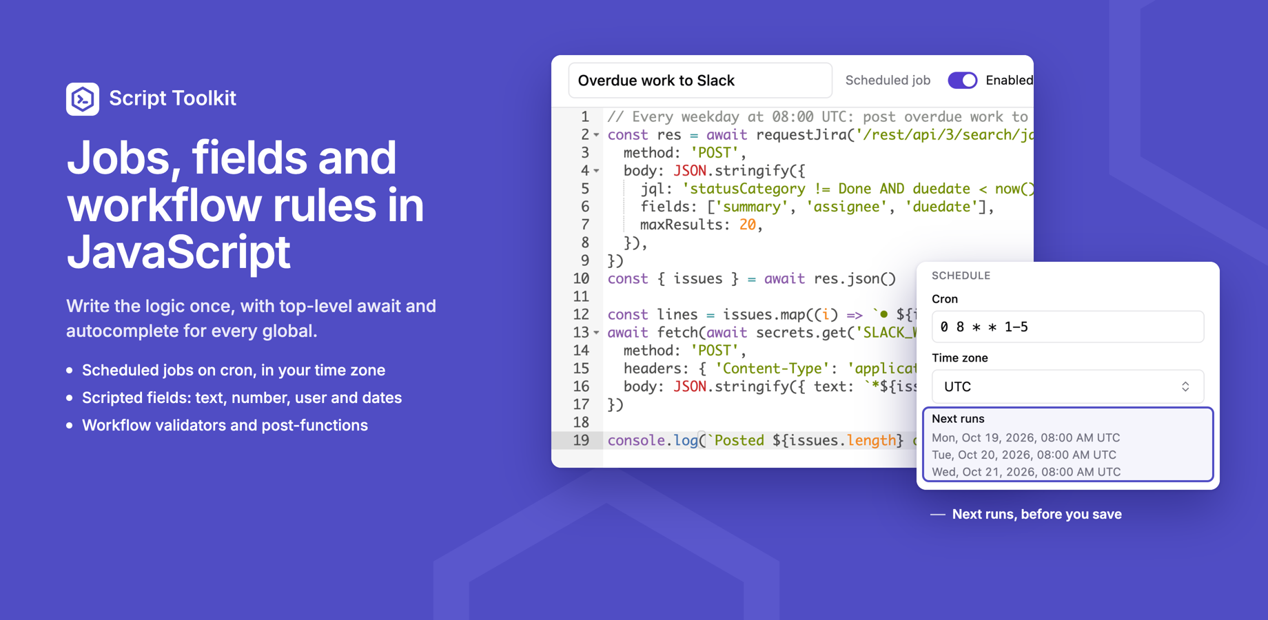 A scheduled job posting overdue work to Slack, with its Globals tab