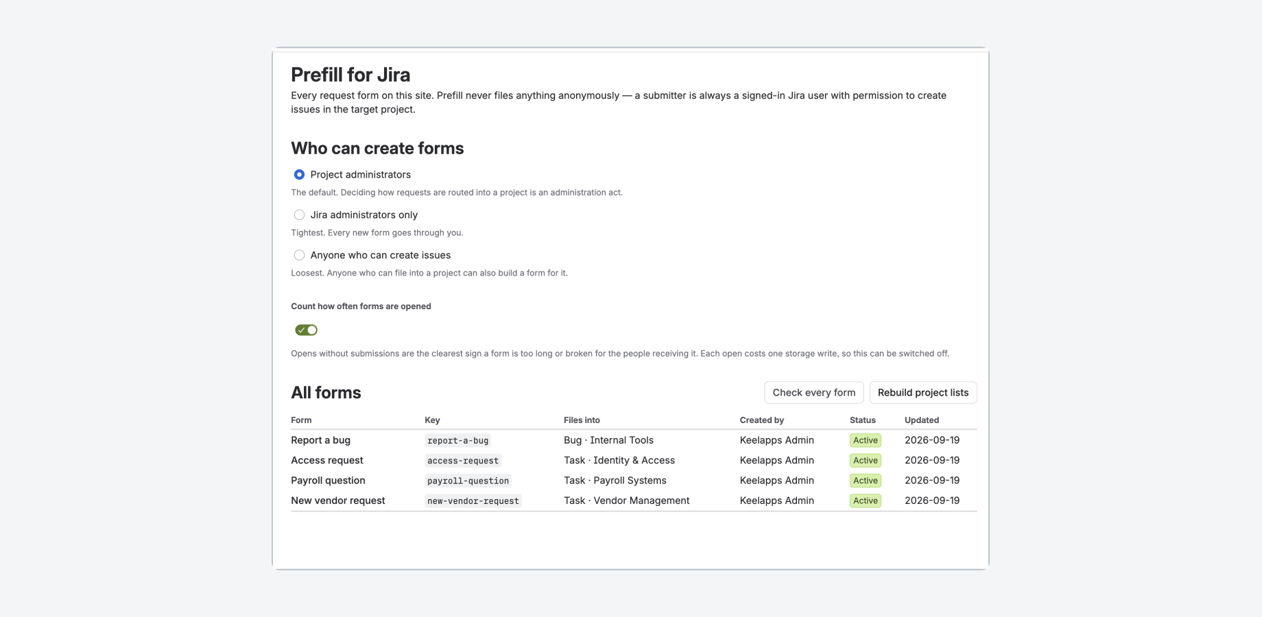 The site administration page: who may create forms, whether opens are counted, and every form on the site with the project and issue type it files into.