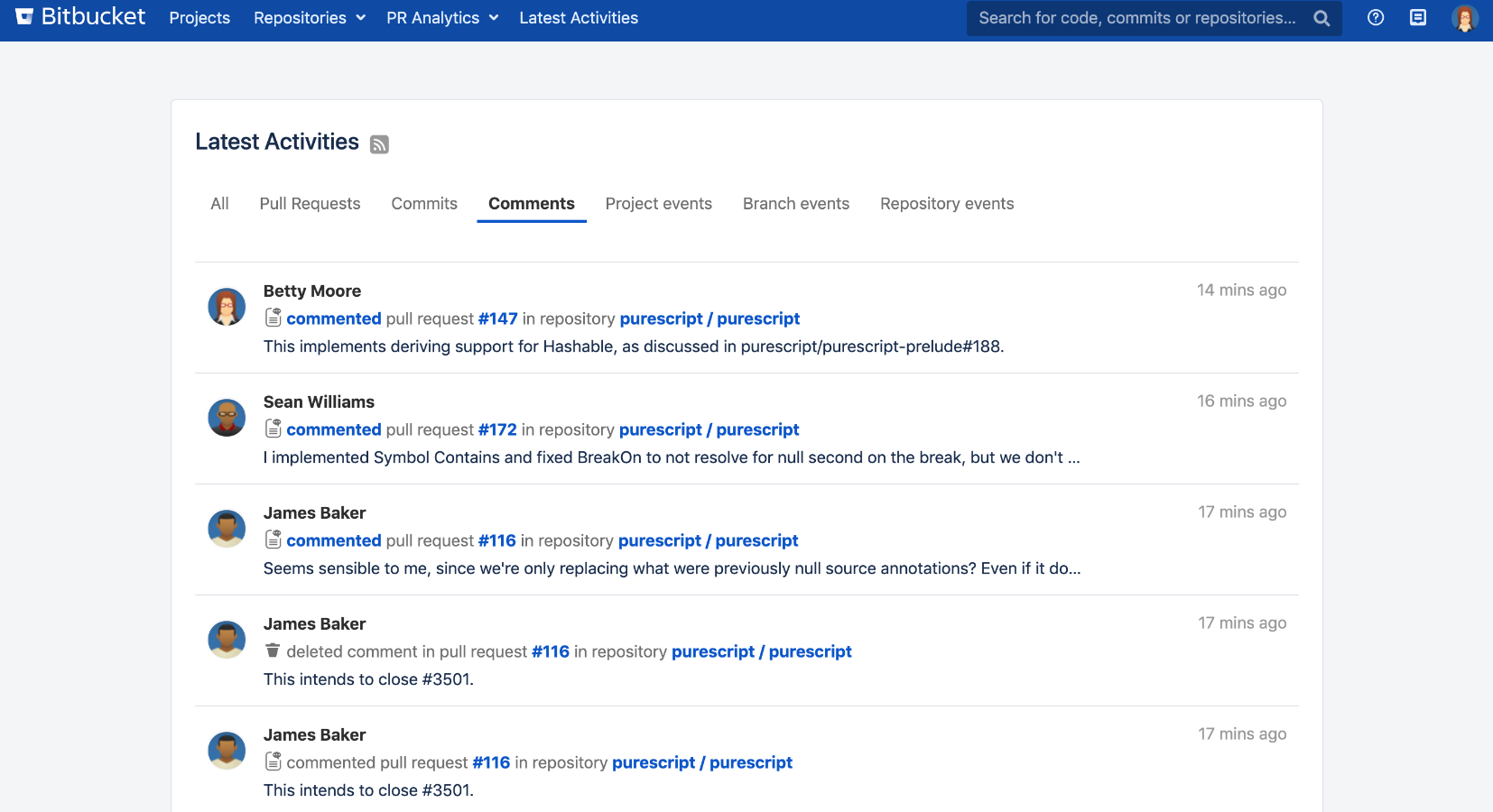 Global, repository, project & user activities