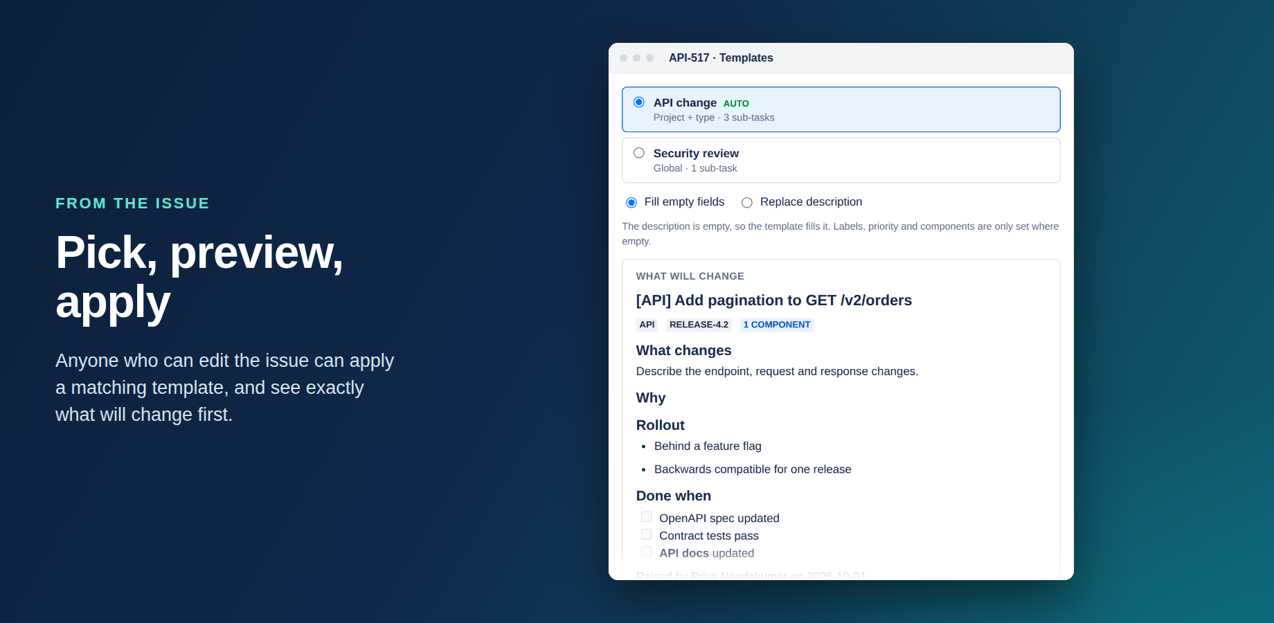 Applying a template from the issue view. "Fill empty fields" adds the template below an existing description; "Replace description" swaps it.