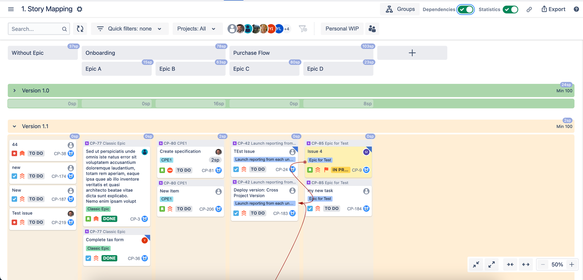 Use case of Story Mapping board with Topics as column groups. encompassing Epics as columns and upcoming versions (releases) as swimlanes. Statistics to show the size and dependencies to show blocking items.