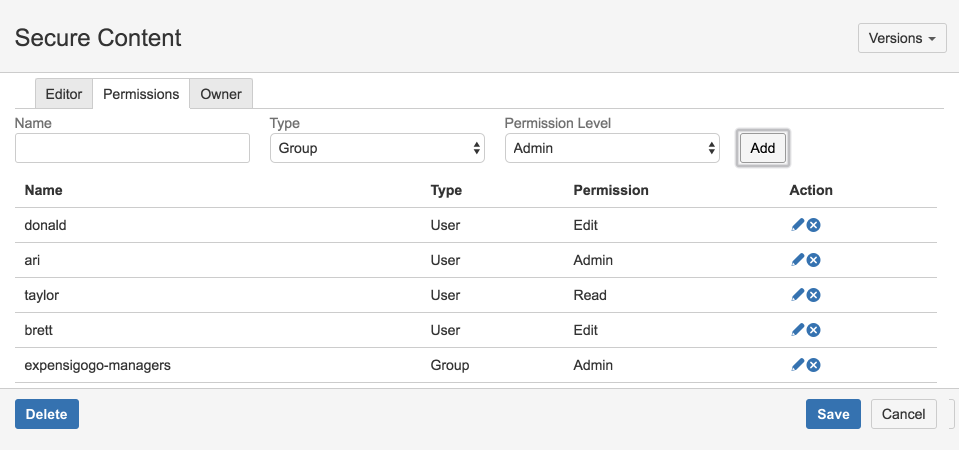 Assign read, edit, or admin permissions to individual users or groups in Confluence to ensure your content is protected and current. Permissions are configured independently of Confluence page or space permissions.